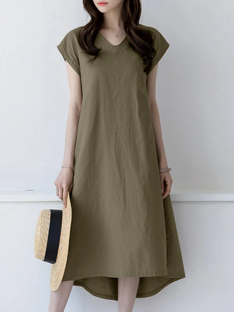 Solid High-low V-neck Short Sleeve Casual Dress 1 Solid High-low V-neck Short Sleeve Casual Dress