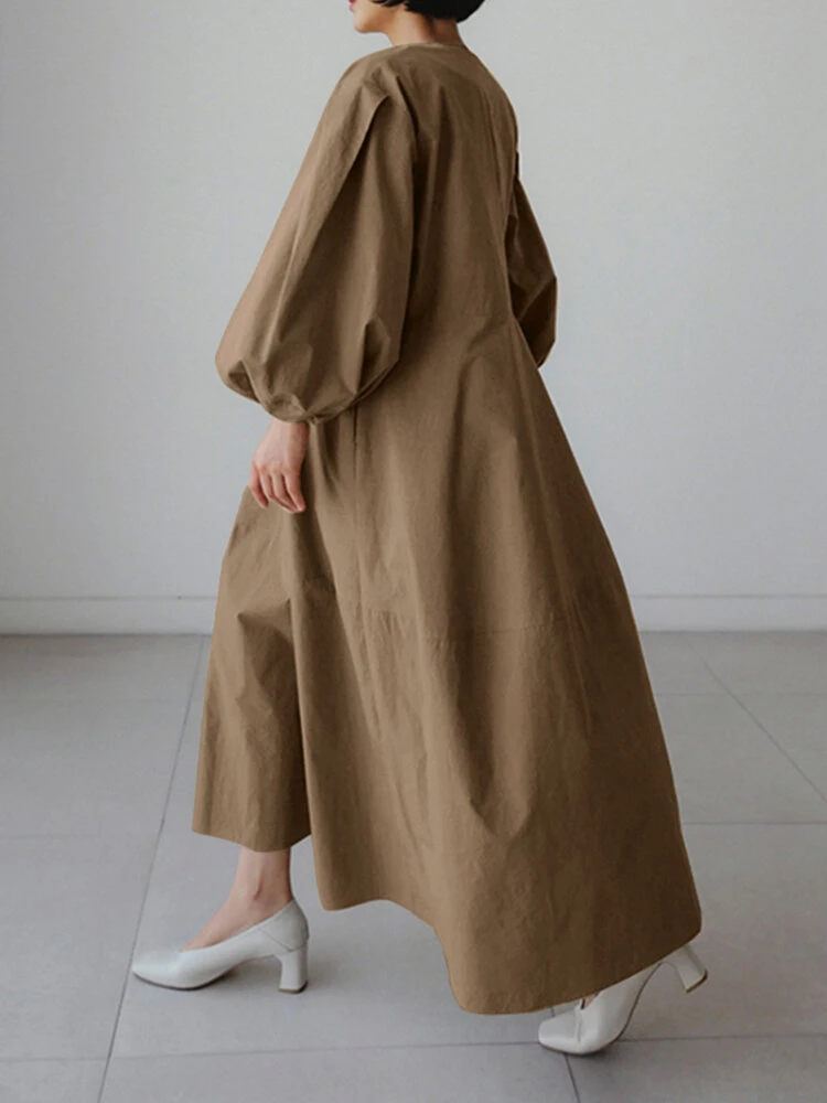 Casual V-neck Puff Sleeve Solid Color Pleated Midi Dress 2 Casual V-neck Puff Sleeve Solid Color Pleated Midi Dress - Image 2