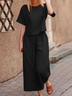 Solid Elastic Waist Short Sleeve Cotton Casual Suit 5 Solid Elastic Waist Short Sleeve Cotton Casual Suit -Zanzea Shop a546559c a975 4631 819c cd5ab507b015