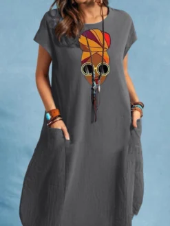 Portrait Print Pocket Short Sleeve Crew Neck Vintage Dress -Zanzea Shop a56bbe3c 3ee5 4757 9d1b 46c00e78ede5