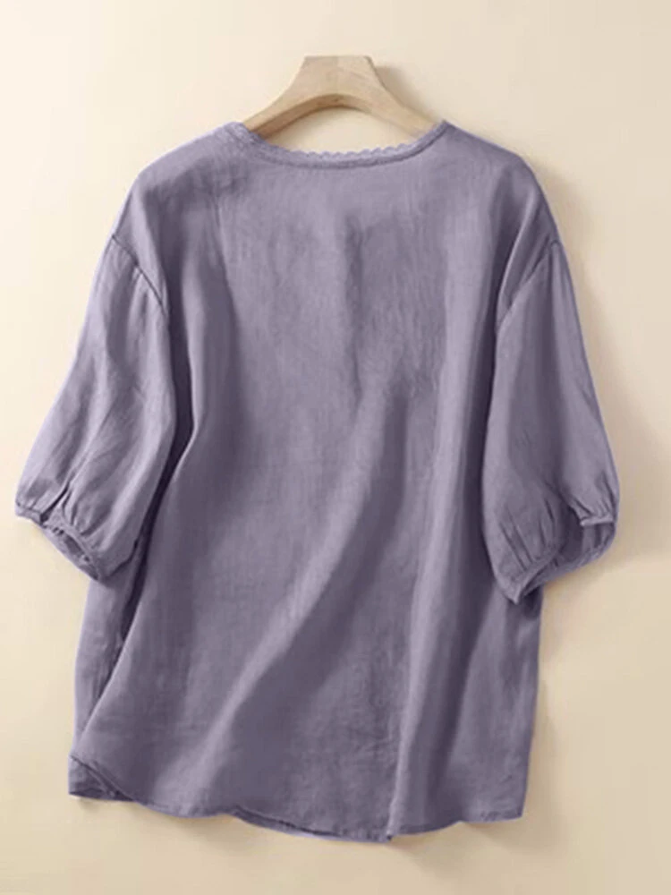 Women Lace Trim Plain Button Up Cotton 3/4 Sleeve Shirt 6 Women Lace Trim Plain Button Up Cotton 3/4 Sleeve Shirt - Image 6