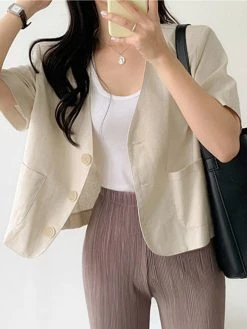 Solid Button Front Pocket Short Sleeve Lapel Blazer -Zanzea Shop a59179f8 41ae 4998 9ee1 b62dba87564f