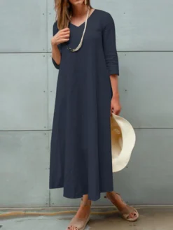 Solid 3/4 Sleeve V-neck Vintage Dress For Women -Zanzea Shop a5a2c0b7 1dc9 4c5c b57b 5f43fa6edd96