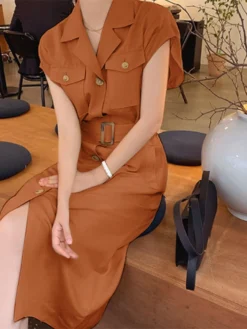 Solid Pocket Lapel Short Sleeve Button Front Dress With Belt -Zanzea Shop a5aed21f d829 408e b42e e1b518bb577c