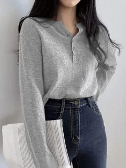 Solid Long Sleeve Half Placket Button Crew Neck Knit T-shirt -Zanzea Shop a5d032e0 b5da 48f7 90a5 0a52367f2e0c