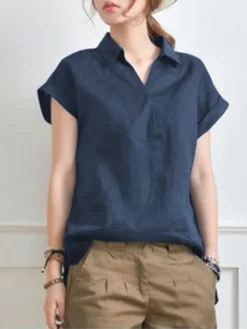 Solid V Neck Roll Short Sleeve Casual Cotton Blouse -Zanzea Shop a5e71ade f638 4cf9 a1b1 e20cbbc0ce71