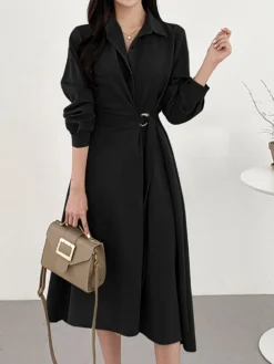 Solid Long Sleeve Belt Lapel Casual Dress -Zanzea Shop a62a1f93 4562 4840 9625 5c3c43428abe