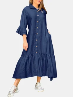 Ruffle Sleeve Pocket Lapel Button Front Casual Shirt Dress