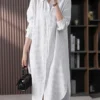 Stripe Pattern Slit Hem Lapel Long Sleeve Shirt Dress