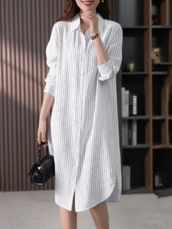 Stripe Pattern Slit Hem Lapel Long Sleeve Shirt Dress