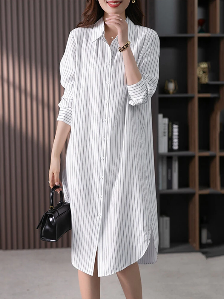 Stripe Pattern Slit Hem Lapel Long Sleeve Shirt Dress 1 Stripe Pattern Slit Hem Lapel Long Sleeve Shirt Dress
