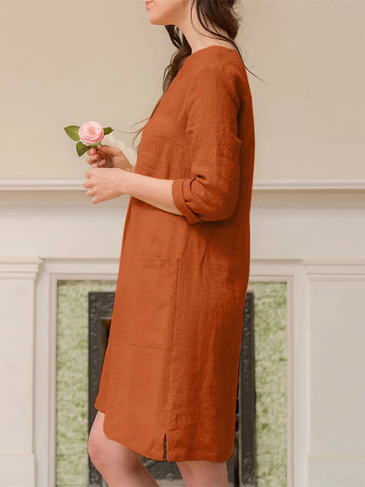 Solid Dual Pocket Slit Hem V-neck 3/4 Sleeve Vintage Dress 9 Solid Dual Pocket Slit Hem V-neck 3/4 Sleeve Vintage Dress - Image 9