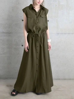 Solid Drawstring Waist Pocket Button Front Maxi Cargo Dress -Zanzea Shop a66e94b6 8b4c 4034 8920 7bee54d9d1e9