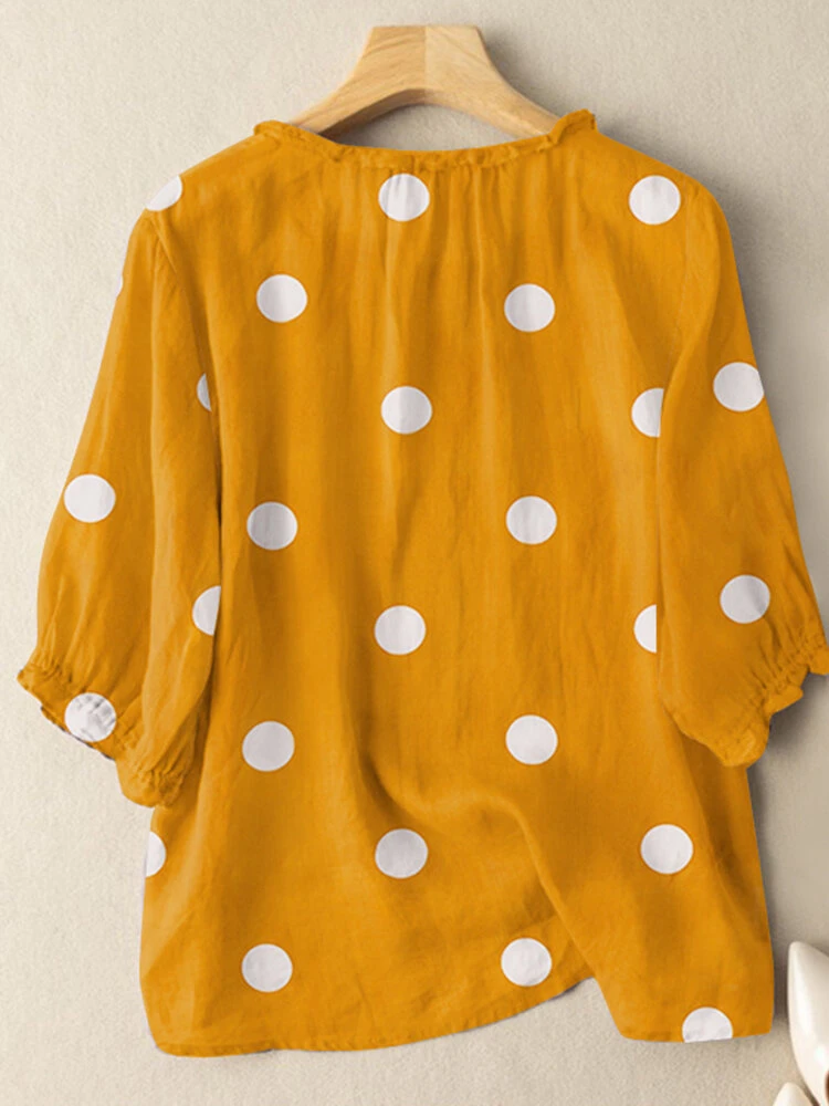 Women Dot Print 3/4 Sleeve Crew Neck Casual Blouse 4 Women Dot Print 3/4 Sleeve Crew Neck Casual Blouse - Image 4