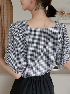 Check Print Lace Panel Short Sleeve Square Collar Blouse -Zanzea Shop a6b78f89 cb2e 4284 b5da e679fb000034