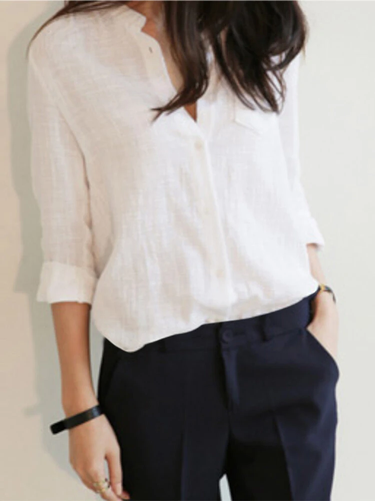 Solid V-neck Pocket Long Sleeve Women Casual Blouse 3 Solid V-neck Pocket Long Sleeve Women Casual Blouse - Image 3