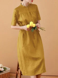 Solid Short Sleeve Stand Collar Dress With Belt -Zanzea Shop a7123456 a0a0 47d2 ae43 e5348446701c