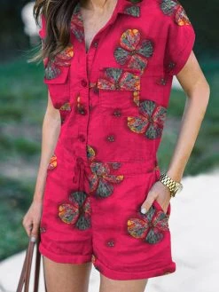 Flower Print Drawstring Waist Pocket Button Front Romper -Zanzea Shop a7363761 91b6 47fe 9e0f 900d747e53e8