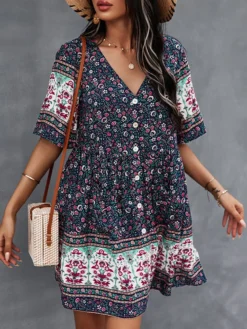 Bohemian Floral Print Pocket Button V-neck Short Sleeve Dress -Zanzea Shop a73eb200 5967 4fd2 b9d3 0756f02967db