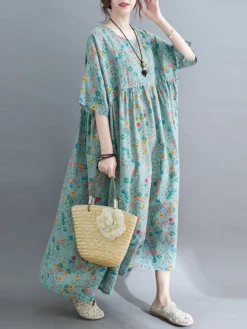 Allover Floral Print Crew Neck Loose Vintage Dress -Zanzea Shop a76f1924 7f2a 4fcf 8fbd ae10eb15c1b9