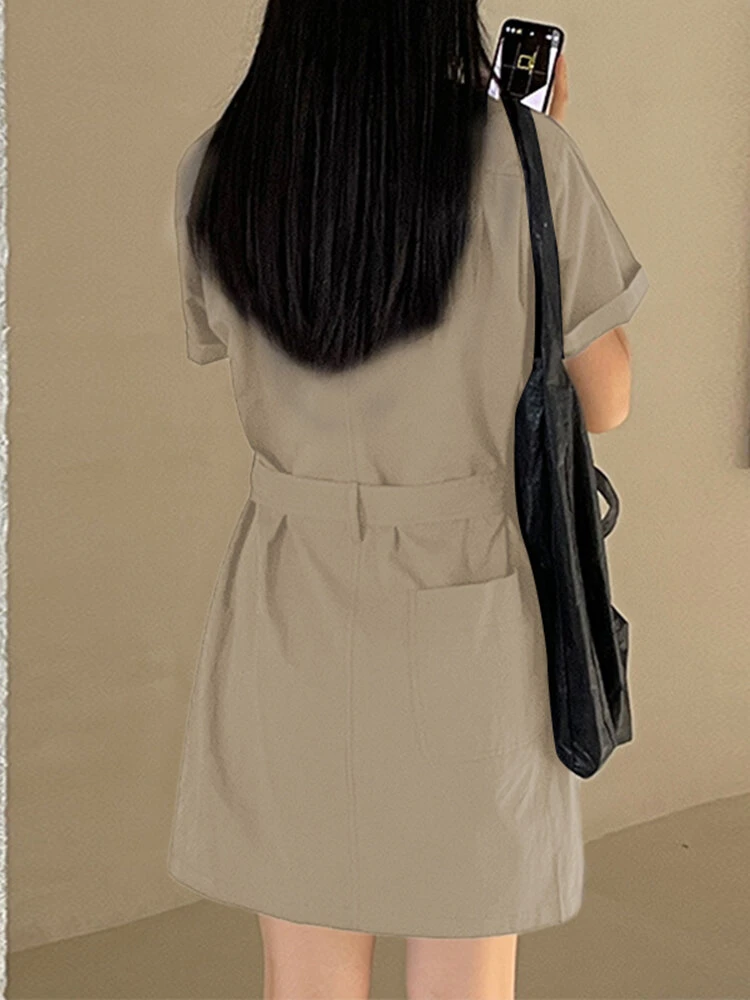 Solid Button Front Pocket Cargo Shirt Dress With Belt 2 Solid Button Front Pocket Cargo Shirt Dress With Belt - Image 2