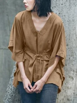 Solid Loose Drawstring Waist V-neck Dolman Sleeve Blouse -Zanzea Shop a7c4fd61 f1f2 4af1 91a8 050628a9d3af