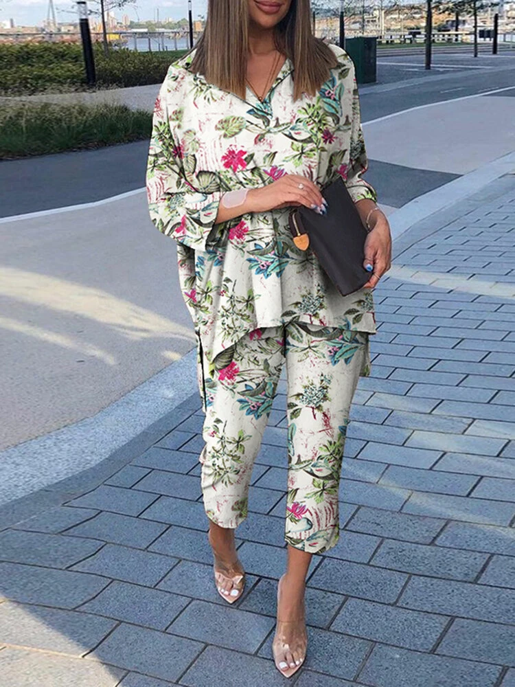 Plants Print High-low Hem 3/4 Sleeve Lapel Two Pieces Suit 3 Plants Print High-low Hem 3/4 Sleeve Lapel Two Pieces Suit - Image 3