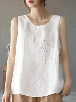 Women Embroidery Crew Neck Sleeveless Vintage Tank Top