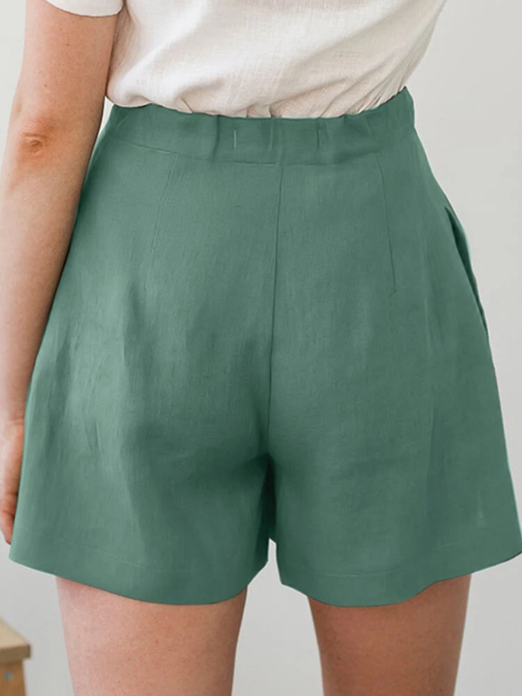 Solid Pocket Ruched A-Line Casual Cotton Shorts 5 Solid Pocket Ruched A-Line Casual Cotton Shorts - Image 5