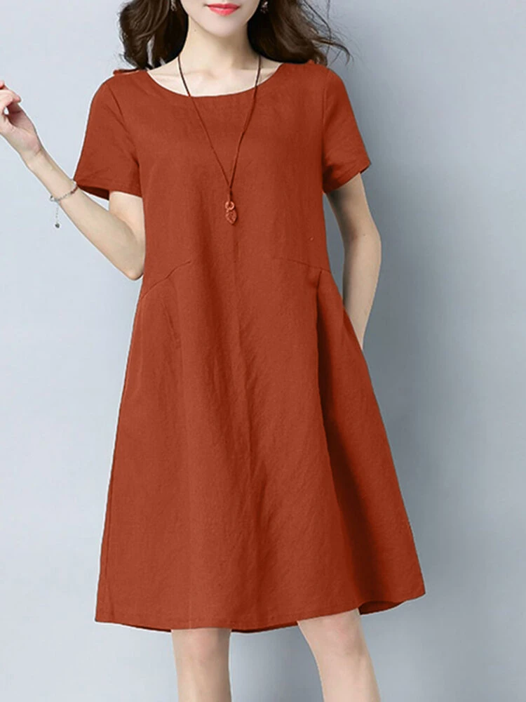 Solid Pocket Short Sleeve Crew Neck Midi Casual Dress 6 Solid Pocket Short Sleeve Crew Neck Midi Casual Dress - Image 6