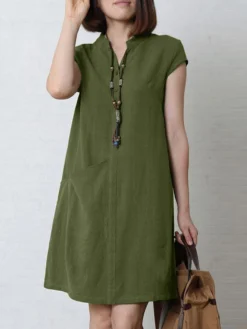 Solid Pocket Short Sleeve V-neck Dress For Women -Zanzea Shop a89e0a46 98d6 478b b8c6 935333729295