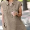 Women Solid Lapel Cap Sleeve High-Low Hem Blouse
