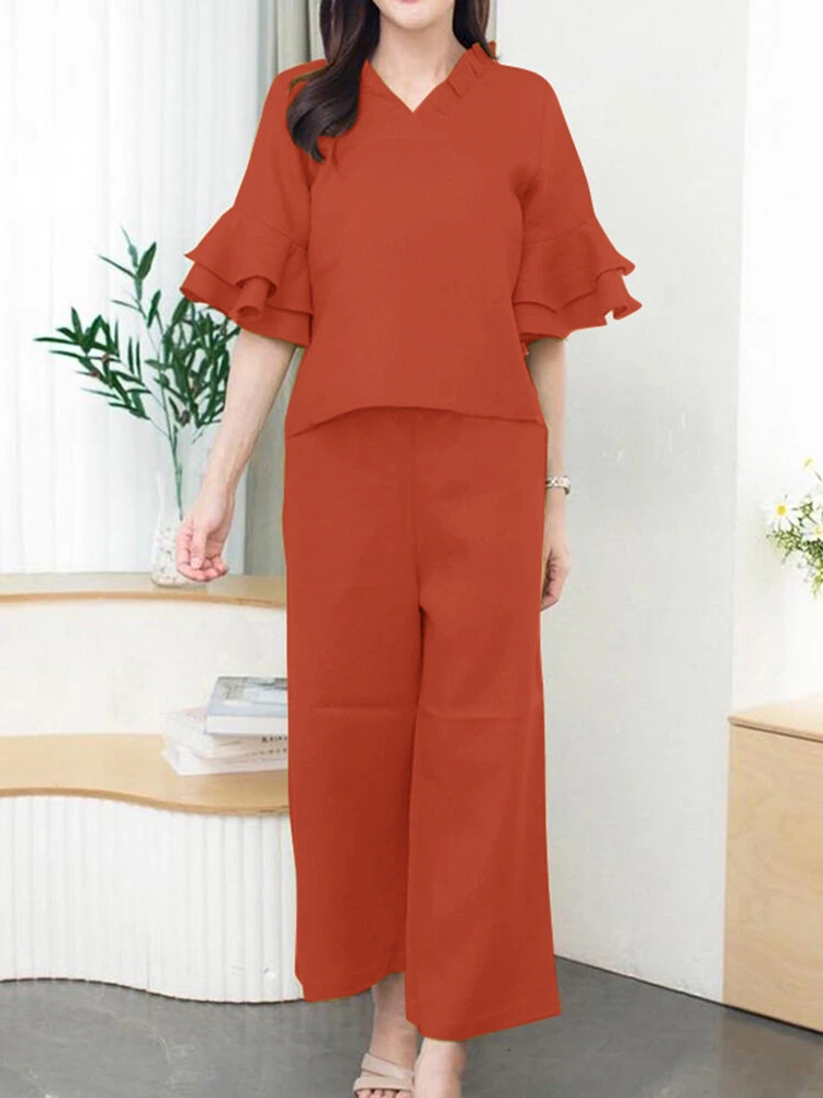 Women Solid Frill V-Neck Ruffle Sleeve Casual Co-ords 3 Women Solid Frill V-Neck Ruffle Sleeve Casual Co-ords - Image 3