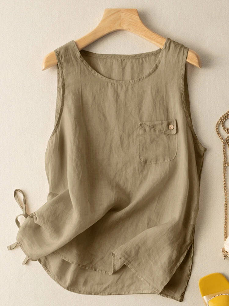 Solid Drawstring Slit Hem Sleeveless Crew Neck Tank Top 2 Solid Drawstring Slit Hem Sleeveless Crew Neck Tank Top - Image 2