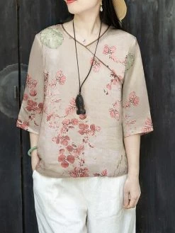 Women Plant Print Contrast Piped V-Neck 3/4 Sleeve Blouse -Zanzea Shop a8da36c4 930c 4521 b7b9 21a25ed047f4