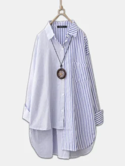 Two Tone Striped Asymmetrical Plus Size Shirt For Women