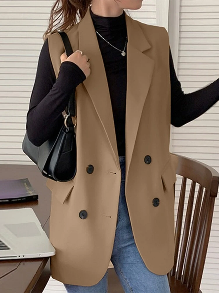 Solid Double Breasted Sleeveless Lapel Vest Blazer 4 Solid Double Breasted Sleeveless Lapel Vest Blazer - Image 4