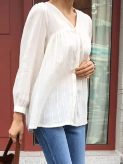 Solid Pleated Textured V-neck Button Long Sleeve Blouse -Zanzea Shop a9ddb903 fda6 4682 be1e c82decc3567f