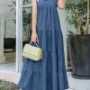 Women Solid Tiered Square Collar Sleeveless Denim Maxi Dress