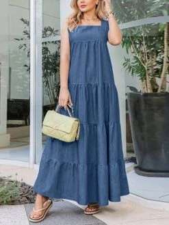 Women Solid Tiered Square Collar Sleeveless Denim Maxi Dress