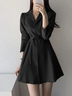 Solid Belt Long Sleeve Lapel A-line Casual Blazer Dress