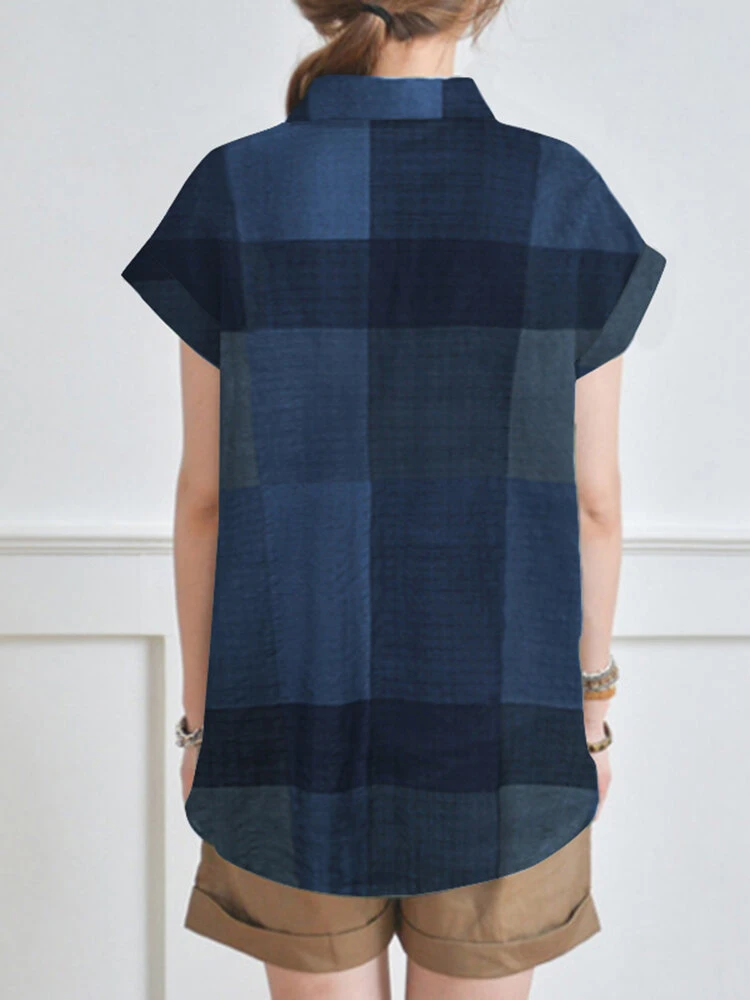 Plaid Short Sleeve Lapel Collar Blouse 5 Plaid Short Sleeve Lapel Collar Blouse - Image 5
