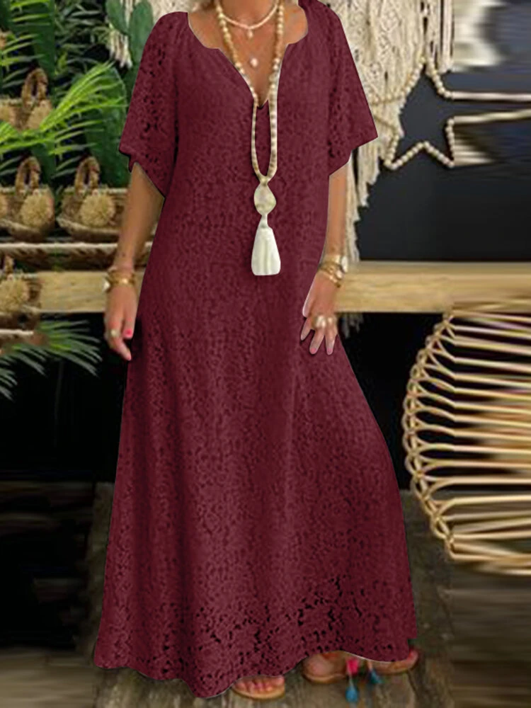 Women Lace Notched Neck Lined Half Sleeve Maxi Dress 2 Women Lace Notched Neck Lined Half Sleeve Maxi Dress - Image 2
