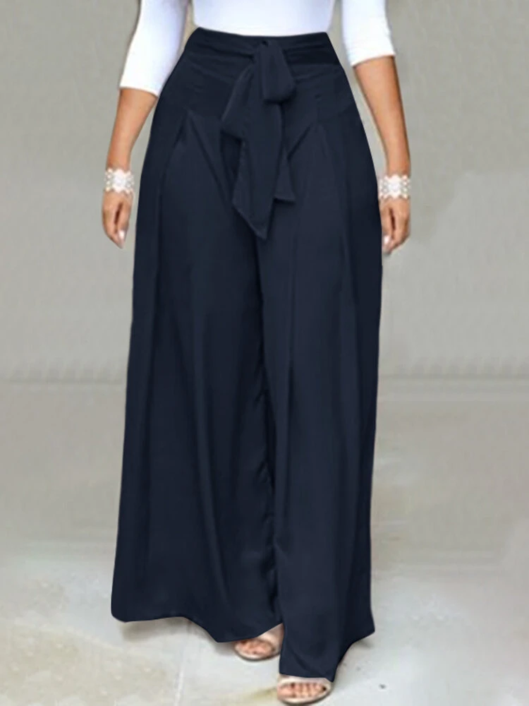 Women Solid Tie Waist Casual Wide Leg Pants With Pocket 2 Women Solid Tie Waist Casual Wide Leg Pants With Pocket - Image 2