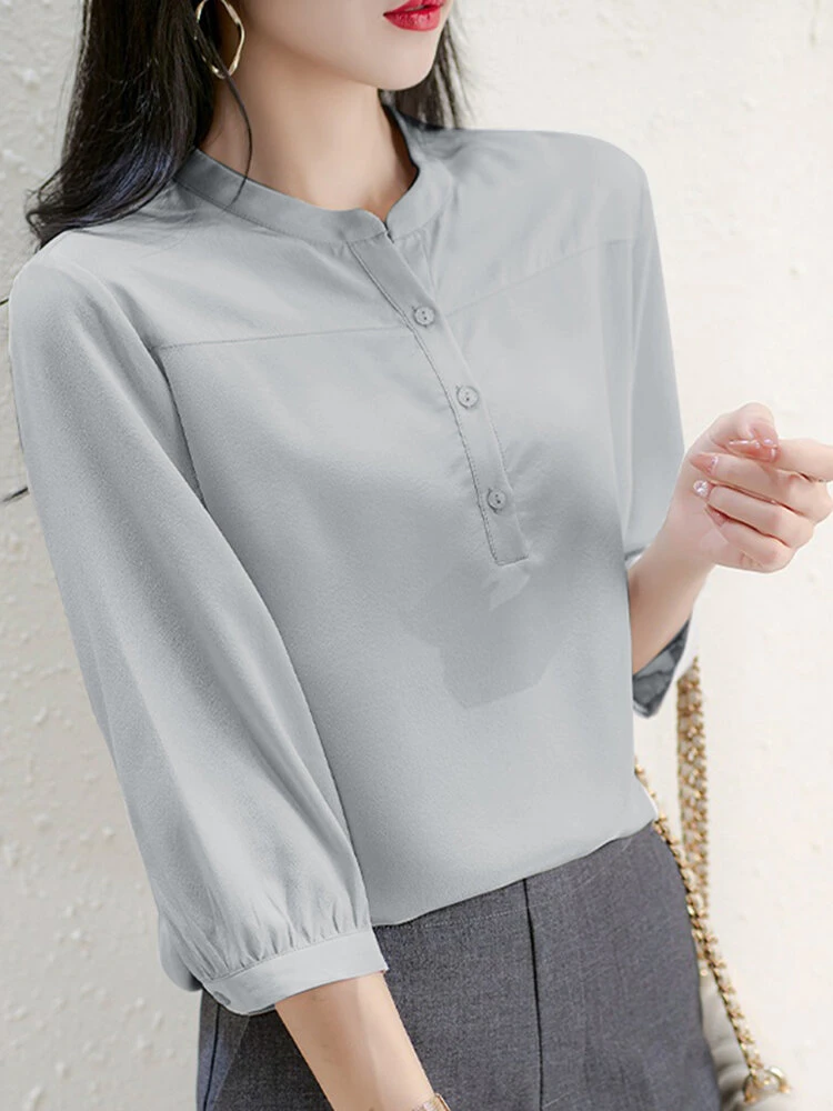 Solid Button 3/4 Sleeve Stand Collar Blouse For Women 6 Solid Button 3/4 Sleeve Stand Collar Blouse For Women - Image 6