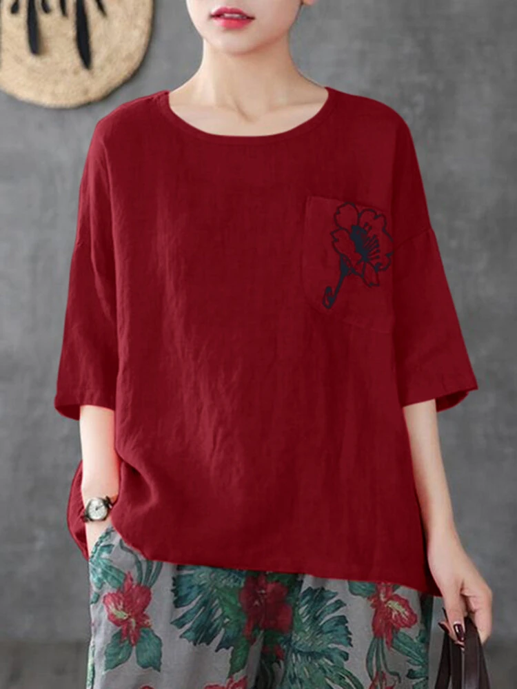 Flower Embroidery Pocket Half Sleeve Crew Neck Loose T-shirt 10 Flower Embroidery Pocket Half Sleeve Crew Neck Loose T-shirt - Image 10