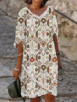 Women Ethnic Print Hollow Splice V-Neck Wrap Hem Dress