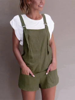 Solid Color Strap Plus Size Short Jumpsuits With Pockets