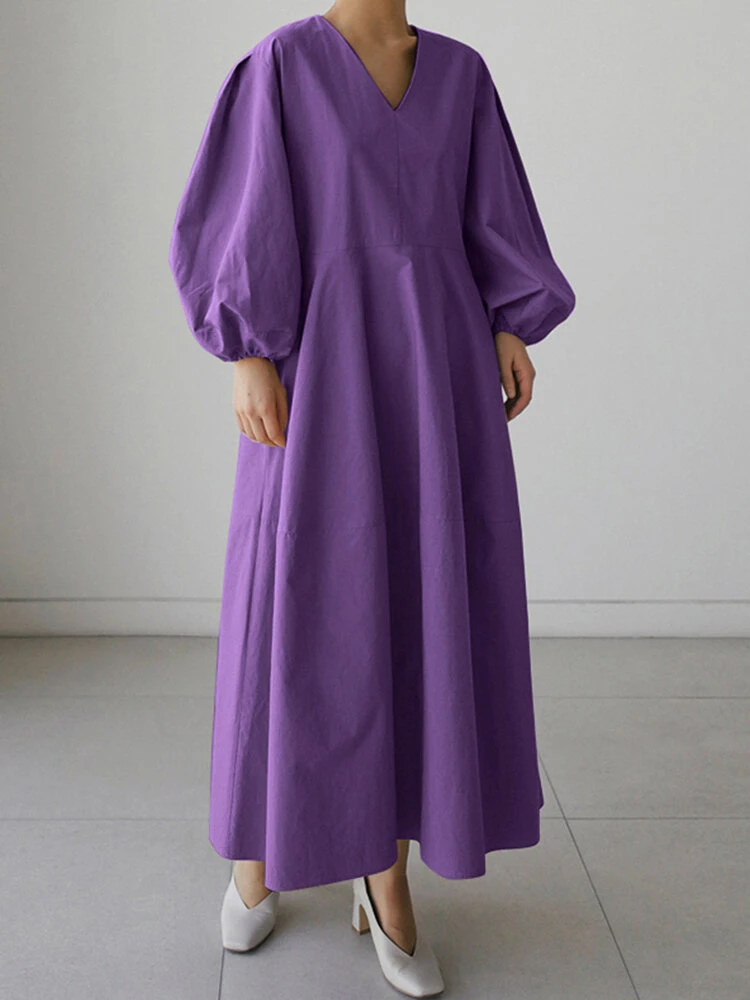 Casual V-neck Puff Sleeve Solid Color Pleated Midi Dress 3 Casual V-neck Puff Sleeve Solid Color Pleated Midi Dress - Image 3