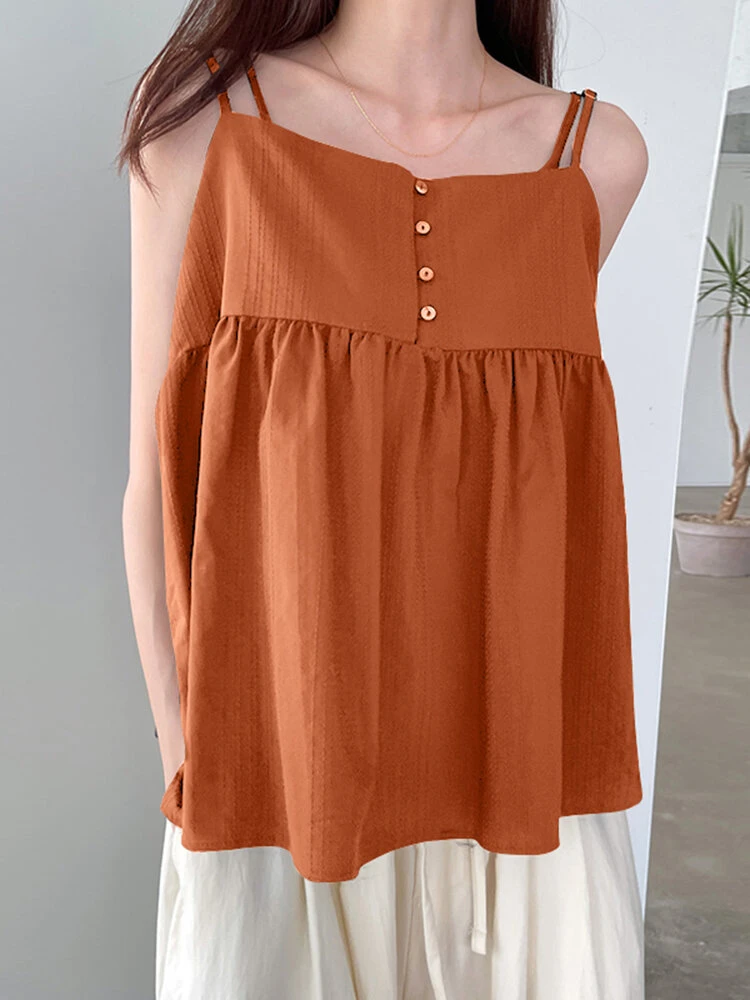 Women Solid Button Detail Cotton Casual Spaghetti Strap Cami 3 Women Solid Button Detail Cotton Casual Spaghetti Strap Cami - Image 3